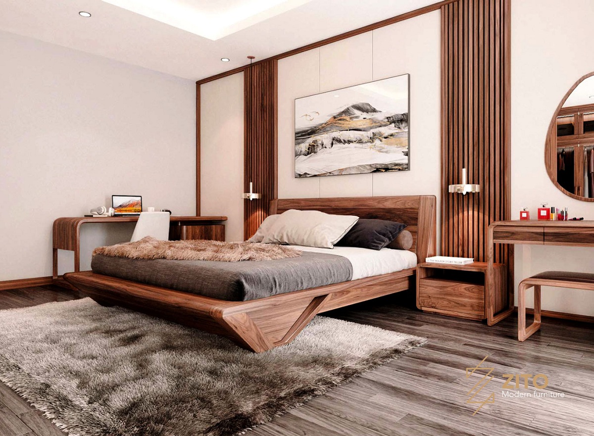 Thiết kế giường ngủ gỗ óc chó cho phòng ngủ