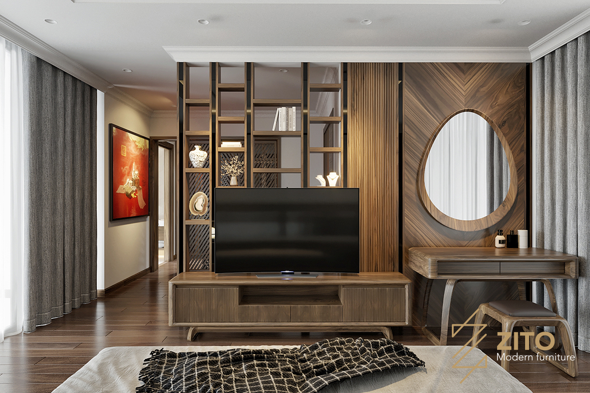 Thiết kế nội thất Duplex Hải Phòng kệ tivi phòng ngủ