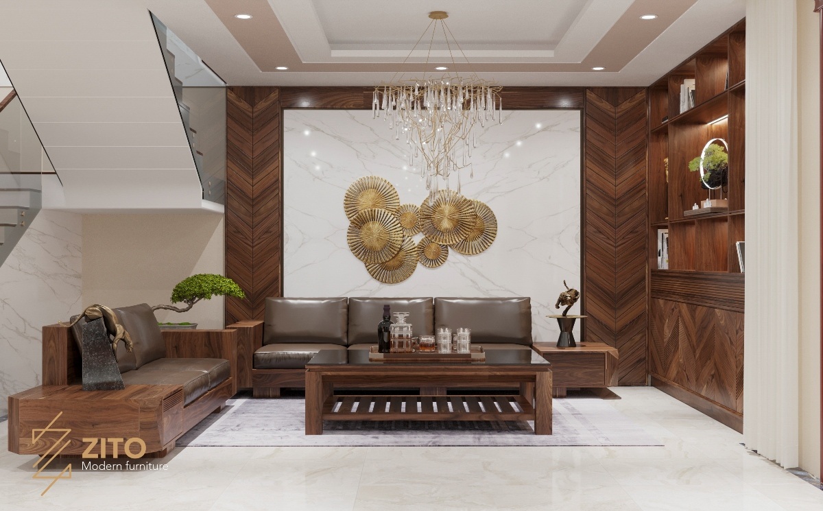 Thiết kế nội thất phòng khách gỗ óc chó biệt thự Venice Hải Phòng