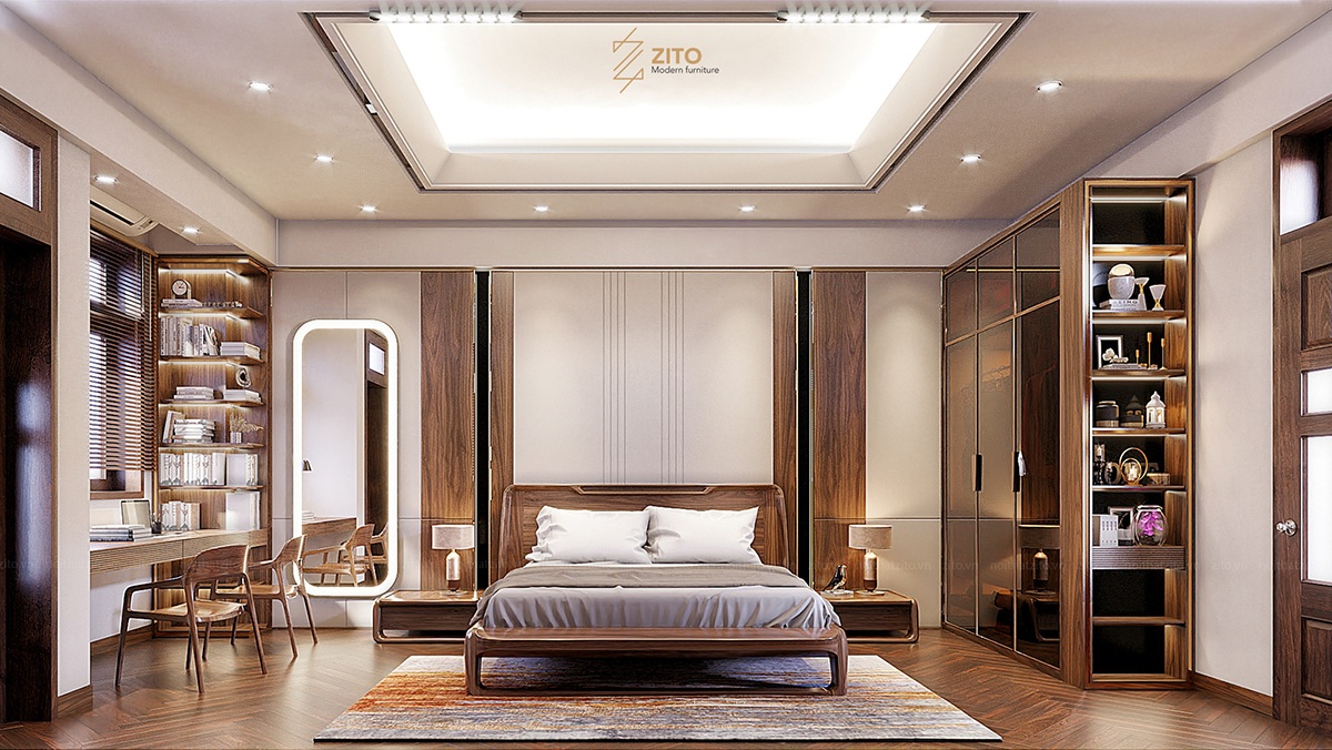 Thiết kế nội thất phòng ngủ nhà phố gỗ óc chó ZITO