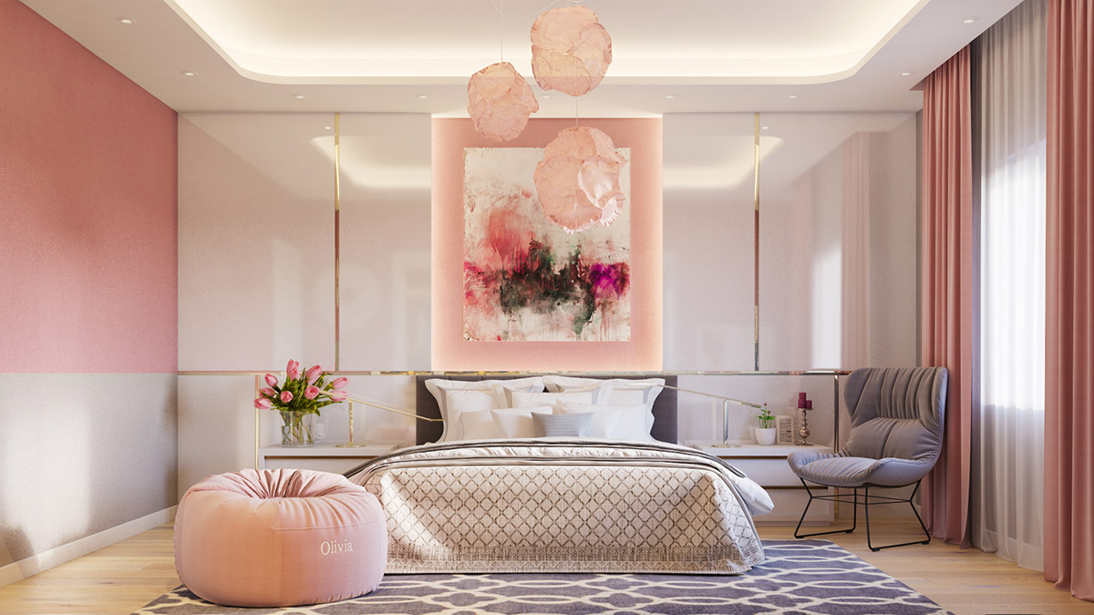 Căn phòng hồng pastel với những đường nét hiện đại, phóng khoáng