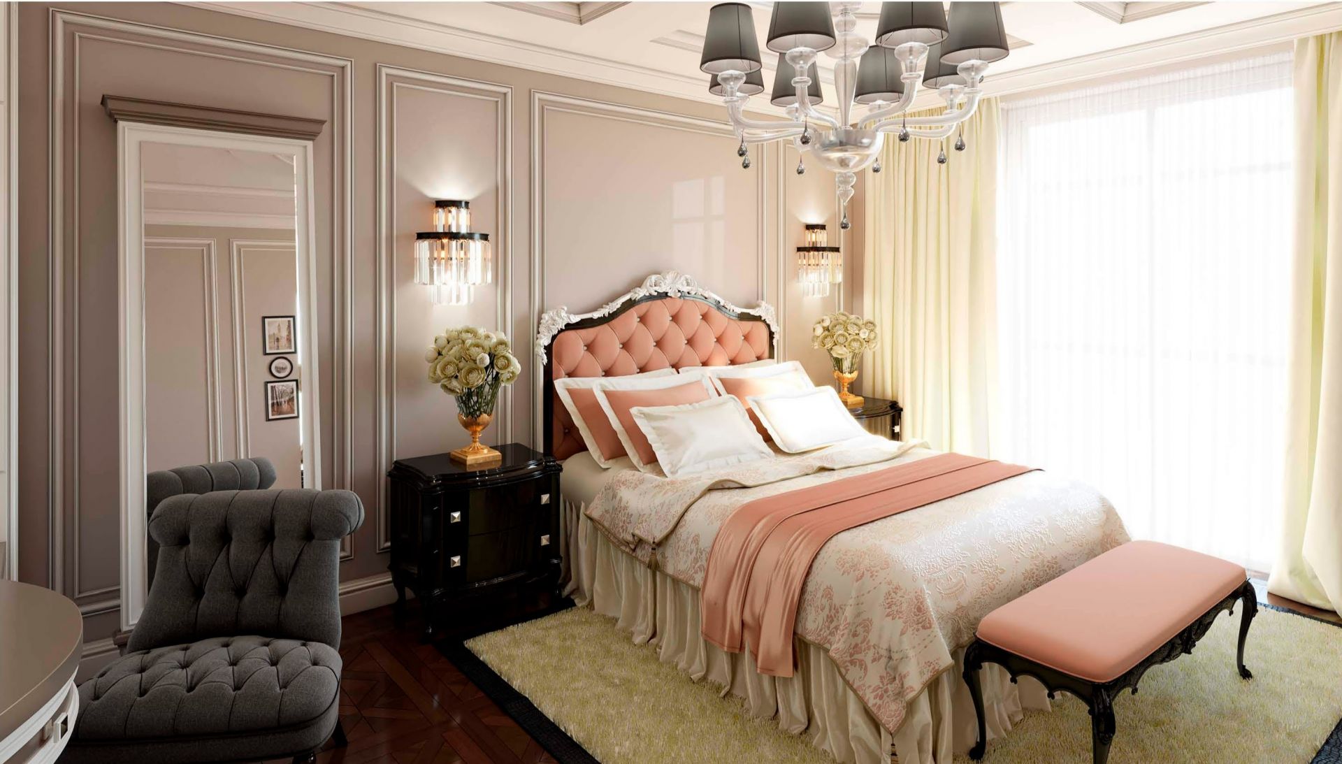 Chiếc giường mang phong cách tân cổ điển trở nên nổi bật với màu cam đào