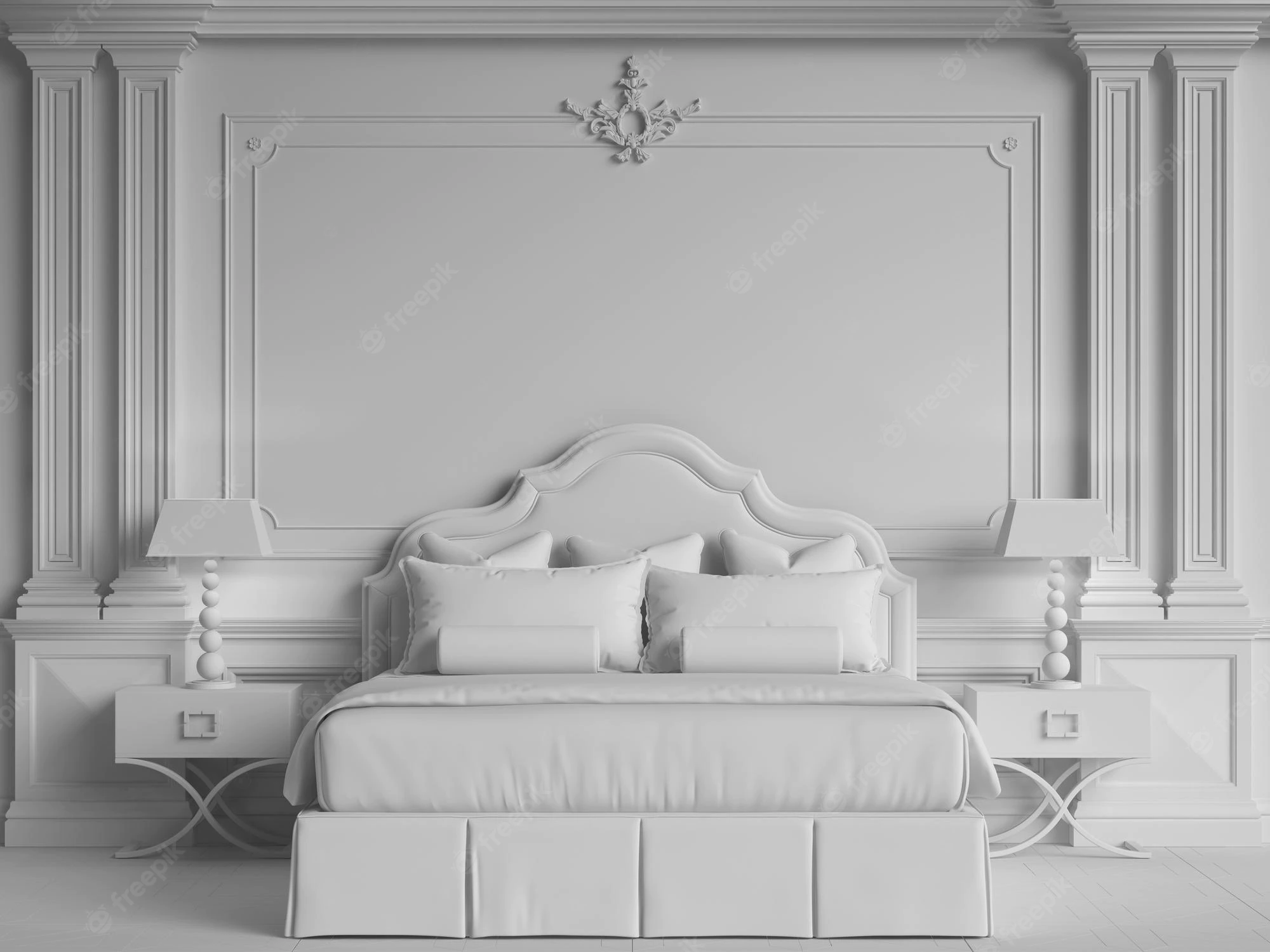 Phòng ngủ mang phong cách cổ điển với màu trắng được sử dụng cho toàn bộ căn phòng