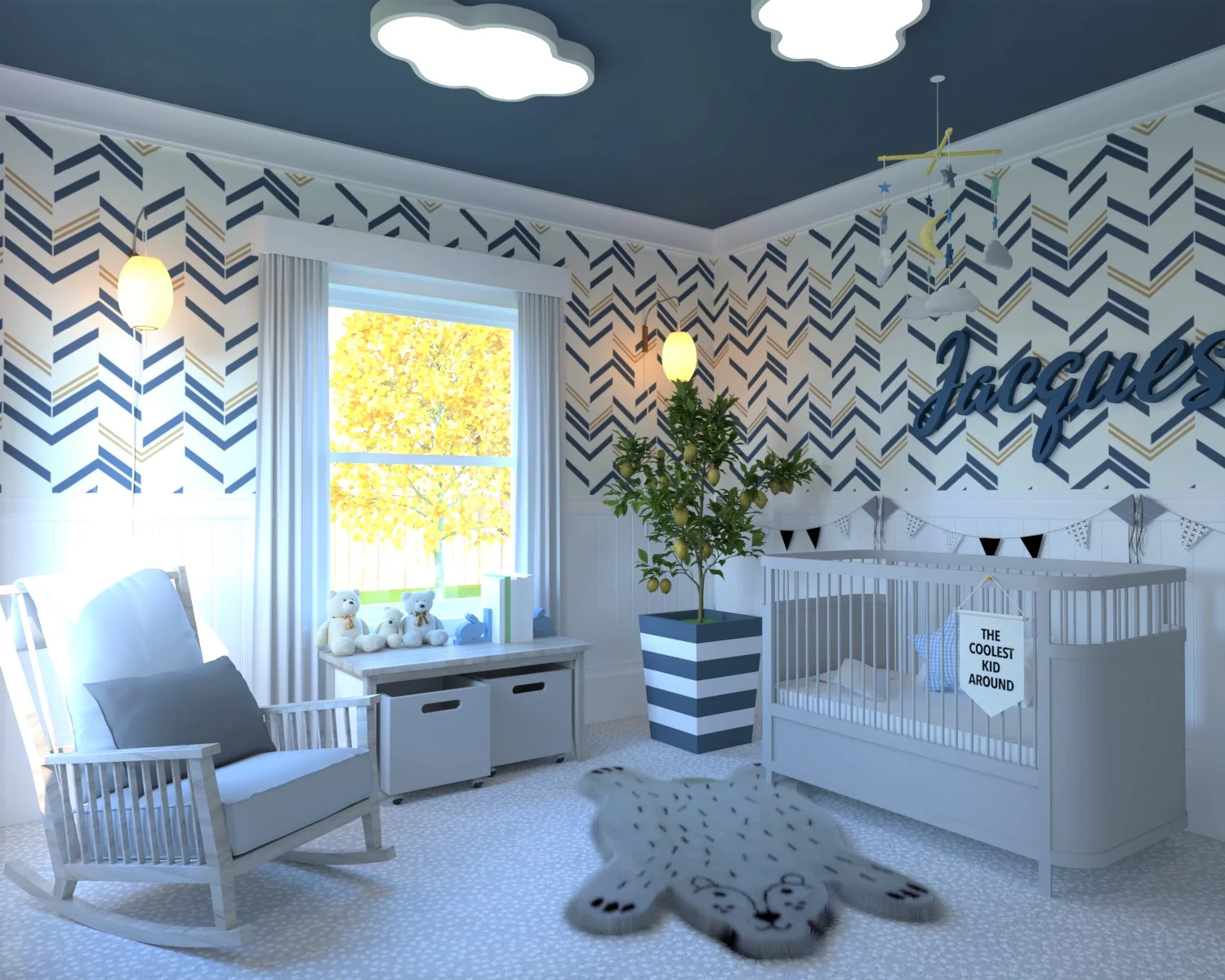 Trang trí phòng cho bé trai màu xanh tạo nên không gian dễ chịu, ấm cúng