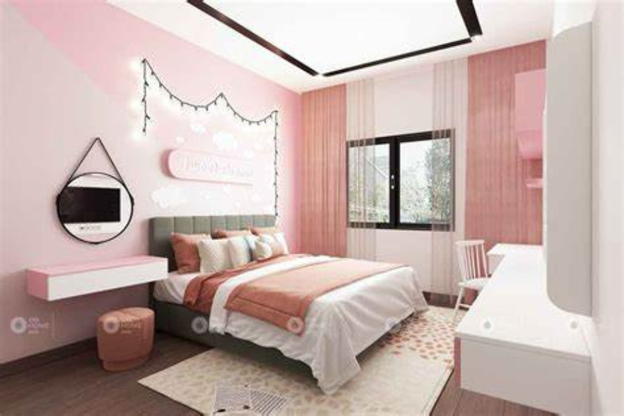 Mẫu thiết kế phòng ngủ màu hồng nhạt với nhiều đồ nội thất có cùng tông màu