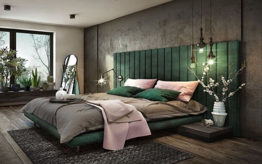 Phòng ngủ màu xanh ngọc bích kết hợp thiên nhiên