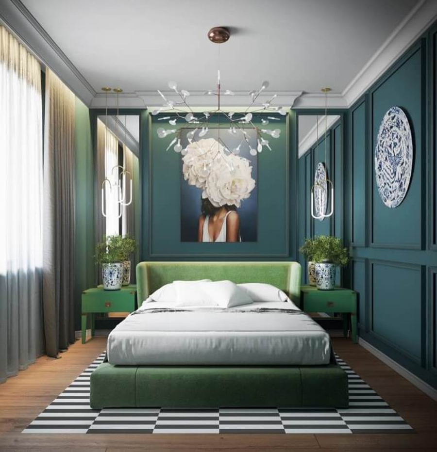 Phòng ngủ sử dụng màu xanh ngọc bích đậm đầy sang trọng