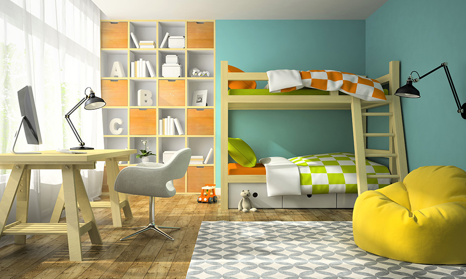 mẫu phòng ngủ xanh ngọc bích độc đáo cho bé kết hợp nội thất tone vàng
