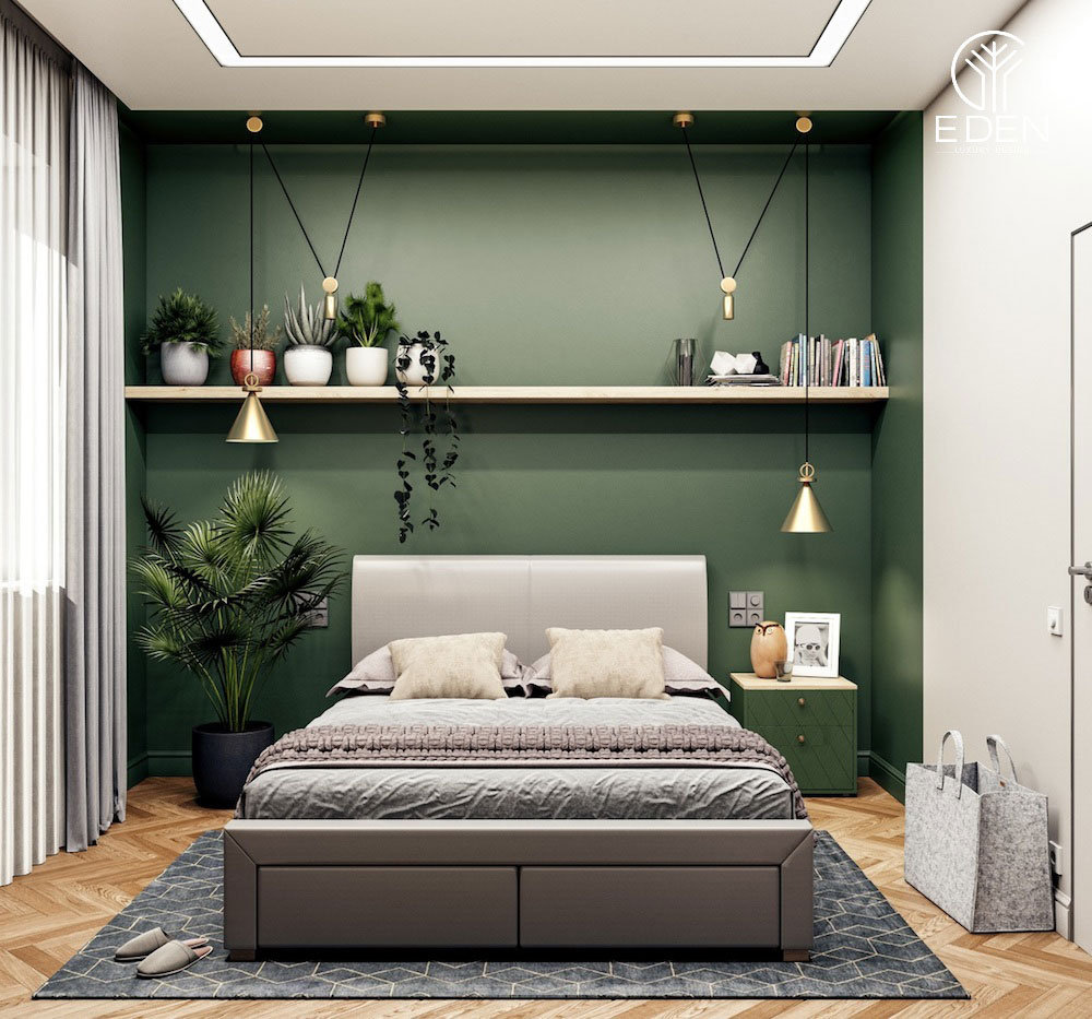 Phòng ngủ sử dụng màu xanh ngọc bích kết hợp tone thiên nhiên