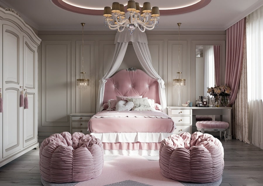 Mẫu thiết kế phòng ngủ màu hồng nhạt phong cách tân cổ điển