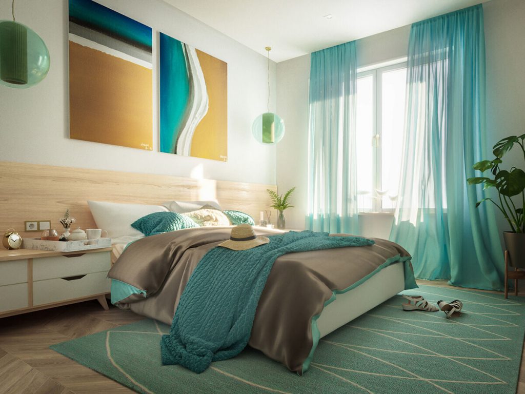 Phòng ngủ sử dụng màu xanh ngọc bích kết hợp màu vàng quý phái
