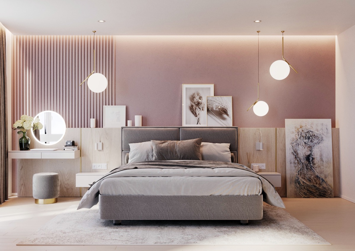 Phòng ngủ màu hồng đất hiện đại