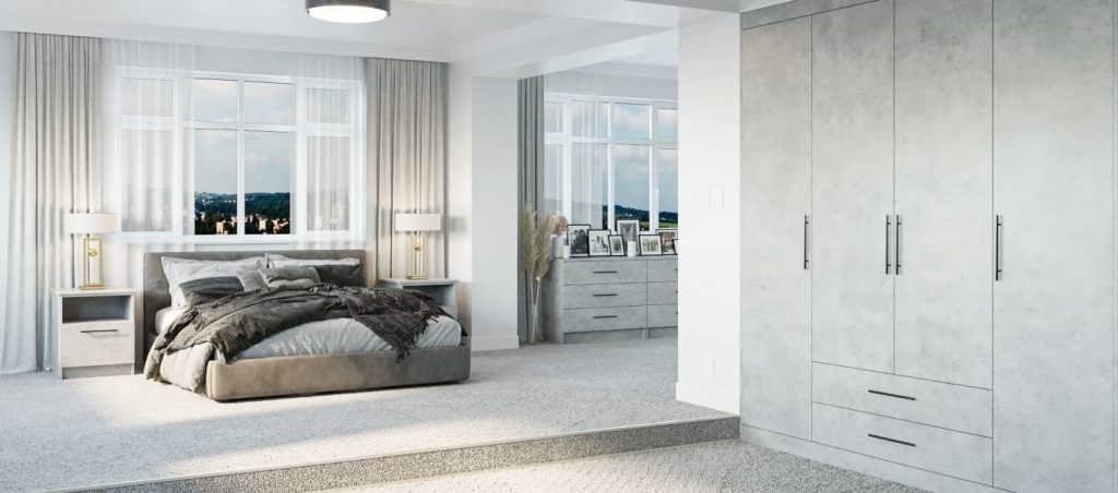 Gam màu xám xi măng nổi bật cùng thiết kế màu sắc của căn phòng nghỉ ngơi