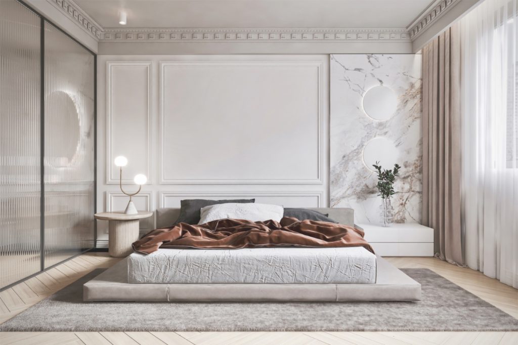 Sử dụng gam màu trắng - be nhẹ nhàng cho toàn bộ không gian phòng ngủ