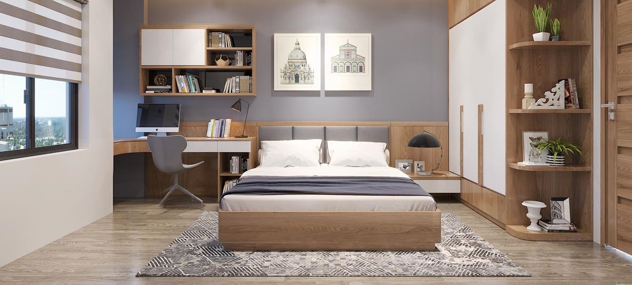 Căn phòng sử dụng từ giường, bàn, kệ sách, tủ âm tường cho đến ốp tường đều làm bằng gỗ tần bì
