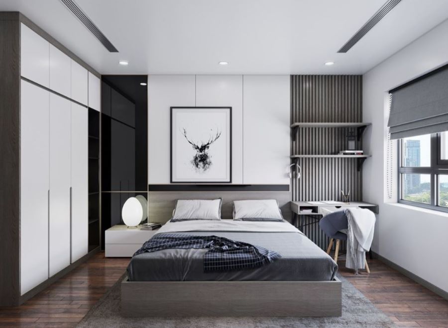 Không gian phòng ngủ hiện đại, tinh tế với thiết kế kệ đựng thông minh 