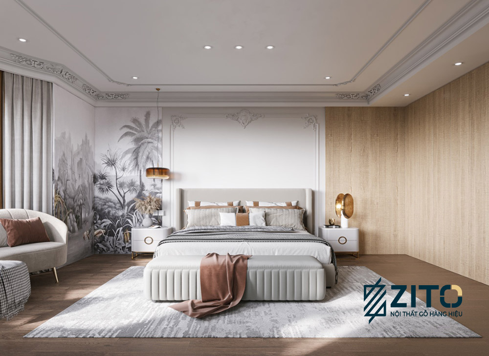 Phòng ngủ tân cổ điển nhà cô chú Tân Bình toát lên vẻ đẹp sang trọng, ấm cúng và tinh tế