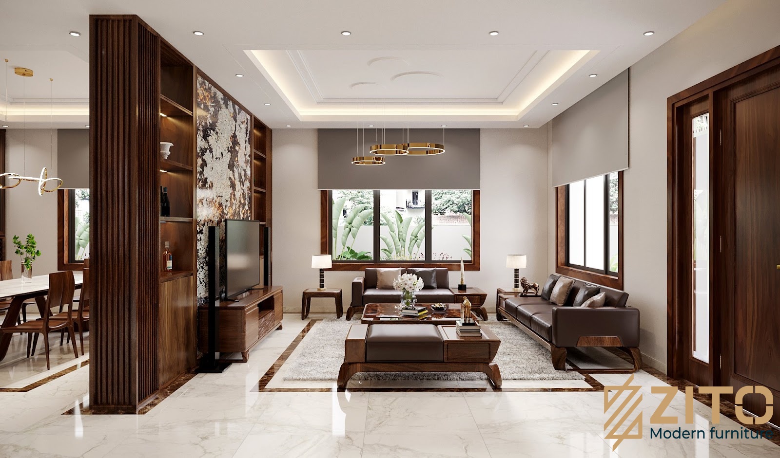 Không gian thiết kế phòng khách sở hữu phong cách hiện đại, sang trọng và cao cấp