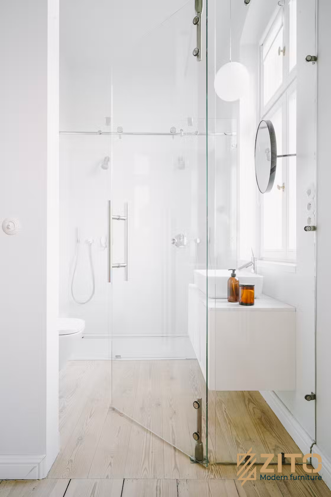 Thiết kế nội thất không gian phòng tắm sử dụng kính trong suốt hiện đại và tinh tế