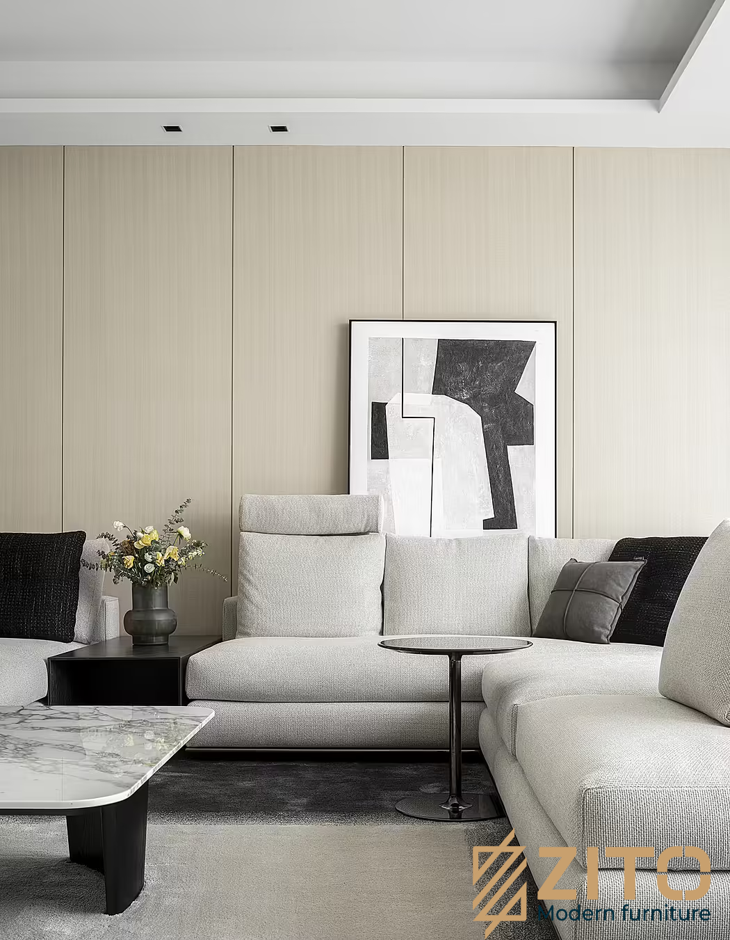 Không gian phòng khách của thiết kế nội thất biệt thự hiện đại được thiết kế tối giản, tinh tế và không quá cầu kỳ
