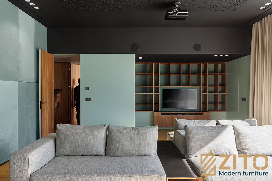 Không gian nội thất biệt thự hiện đại phòng khách được chú trọng phối hợp với nhiều gam màu trung tính là xanh dương pastel nhẹ nhàng